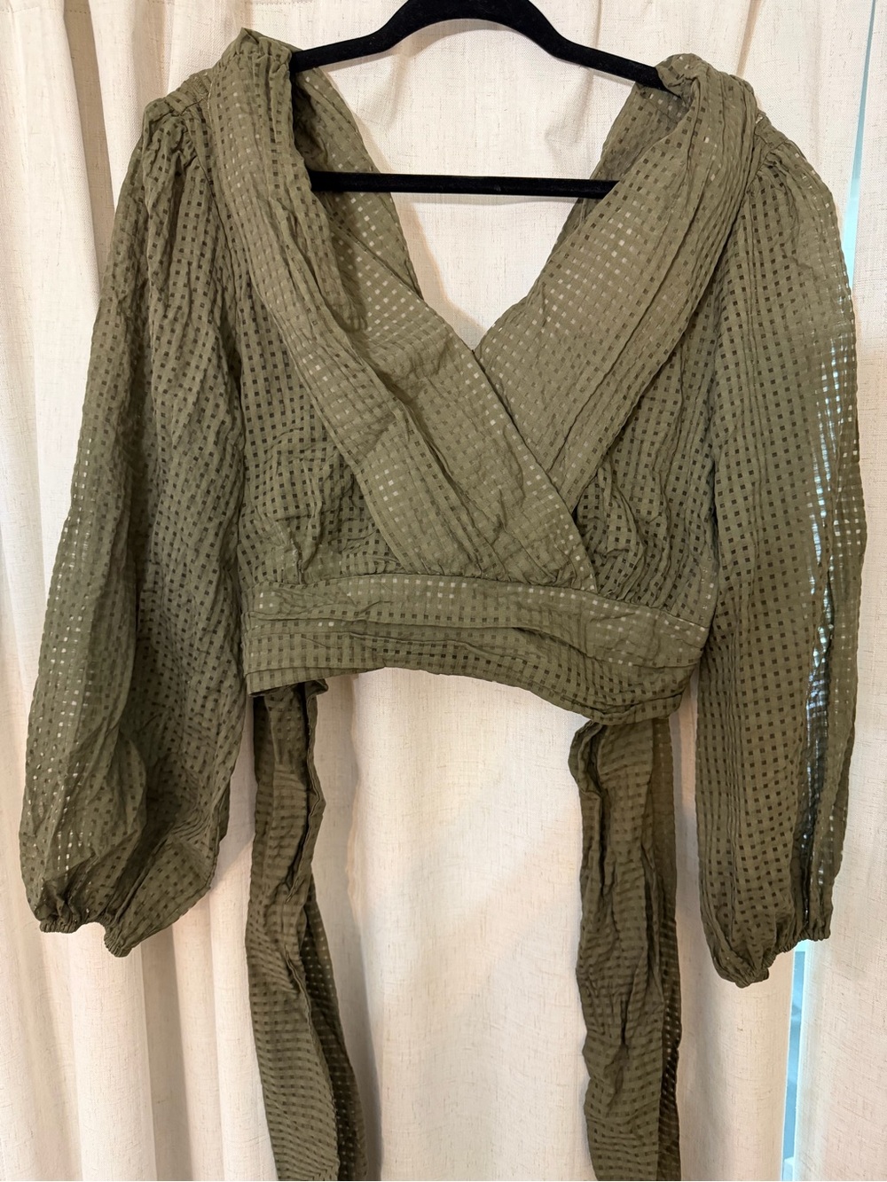 Maeve by Anthropologie Olive Green Wrap Crop Top with Balloon Sleeves